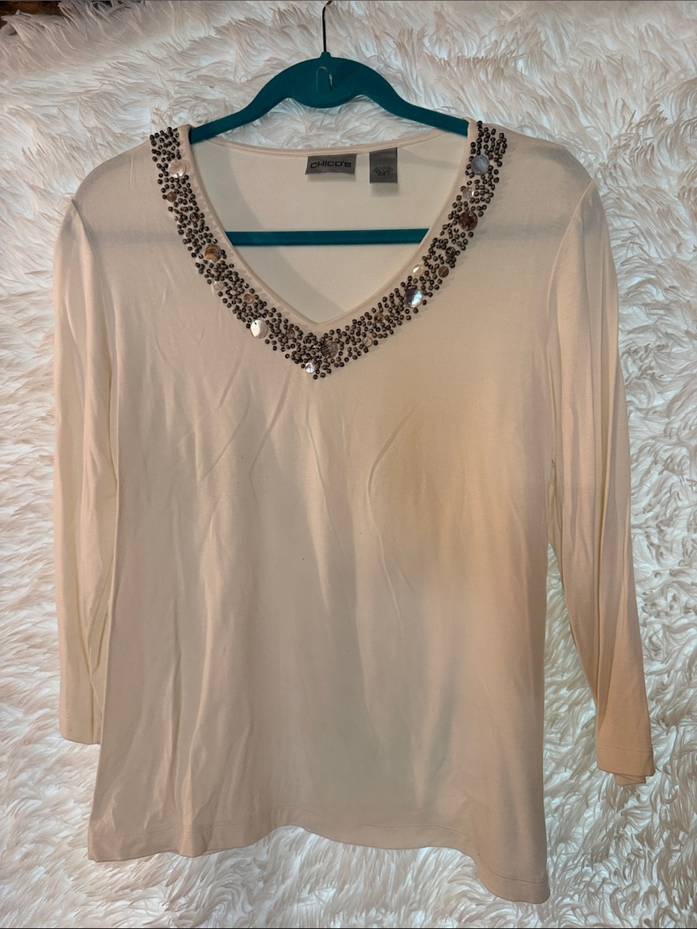 Chicos 3/4 Sleeve Beaded Neckline Blouse Size Medium